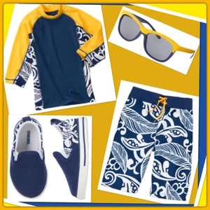NWT Boys 4 Gymboree BEACH BUDDIES 4pc SWIM TRUNKS RASH GUARD SHOES GLASSES SET - Picture 1 of 6