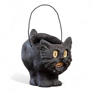Vintage-Inspired Resin Mache Black Cat Candy Bucket - Picture 1 of 6
