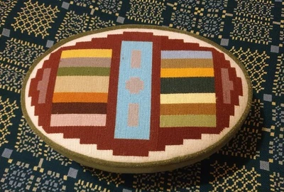Small oval stool. Tapestry cover. Wooden legs. 16in x 10.5in. 6.5in high. - Image 1 of 3