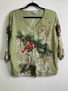Collections Etc grünes Weihnachtstop rote Kardinäle Pailletten Gr. XL - Bild 1 von 3