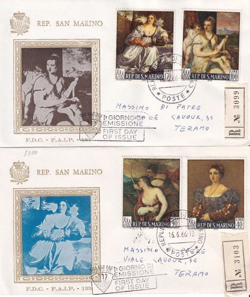 SAN MARINO 1966 - DIPINTI DI TIZIANO 02 BUSTE FDC FIRST/DAY PRIMO GIORNO F.A.I.P - Immagine 1 di 1