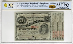 LA CR-29 1870s $5 Louisiana Baby Bond - PCGS-B Choice Uncirculated 63 PPQ CHOICE - Picture 1 of 2
