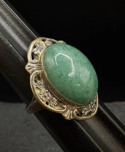 SZ 8 Antique Vintage Sterling Silver Arts & Crafts Era Jadeite Estate Ring 925 - Picture 1 of 14