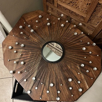 Silver Sunburst Wall Mirror Mid Century Modern Art Home Decor Round 24 inch diam - Image 1 of 4