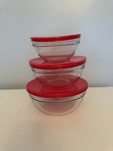 LUMINARC Glass Stacking Mixing Bowl Set w/ Red Lids Open Box USA Made pre-owned - Picture 1 of 8