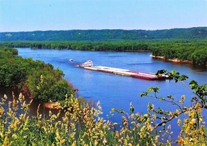 Postcard Iowa Guttenberg Tug Boat Pushing Barge on Mississippi River NrMINT - Picture 1 of 1