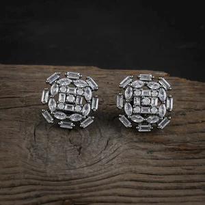 Cubic Zirconia Women Earrings CZ Round Stud Earring Black Plated Ear Jewelry - Picture 1 of 4