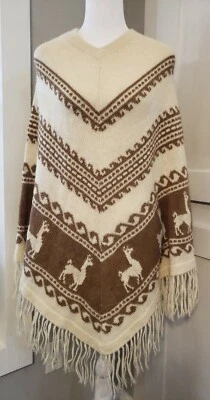 Vtg Tan Brown Chevron Stripe Alpaca Ethnic Fringe Poncho Cape Jacket One Size - Image 1 of 4