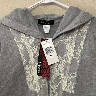 Sudadera con Capucha Y2K Nueva con Etiquetas Fleurish Cremallera - Gris con Encaje Blanco Foto 1 de 4