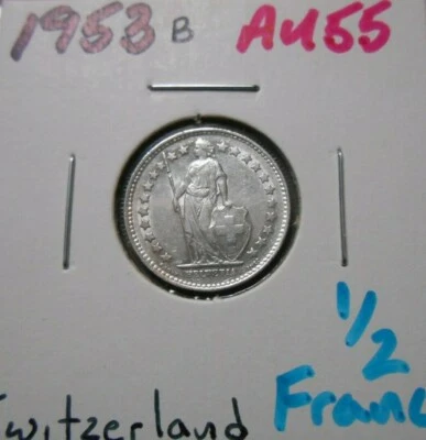 1953 B 1/2 Franc Switzerland  .835 silver - .0671 ASW  - Image 1 of 2