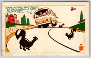 Bus And Skunks On Road AC Acid Test, 1955 Art Postcard Signed By Wally Falk - Picture 1 of 2