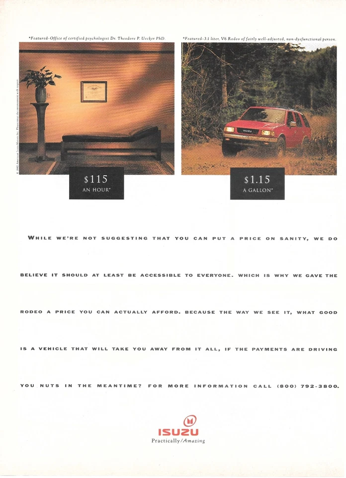 Isuzu Rodeo 1993 SUV anuncio impreso vintage precio de la cordura psiquiatra mudding Foto 1 de 1