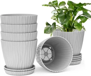 Plastic Flower Pots 6 Pack 7 Inch Gray Drainage Holes Tray Saucers Decorative - Picture 1 of 6