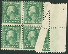 US #405 1¢ green, fabulous Margin Blk of 4 w/paperfold