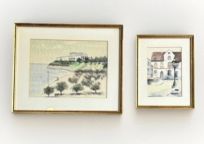 Dos O. Vorsatz Original Acuarela Enmarcada Arte Urbano Cobertizo Acuario y Wiesbaden Foto 1 de 4