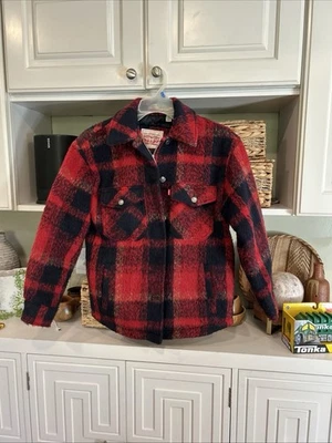 Chaqueta Levis Trucker a Cuadros Cremallera Botón Lana Xs Abrigo Cálido Granero Negro y Rojo Foto 1 de 4