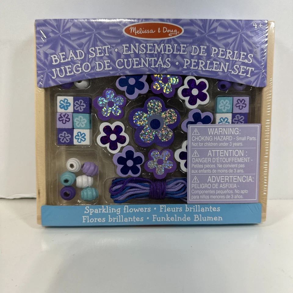 Melissa & Doug Sparkling Flowers Wooden Bead Set 45 Beads and 3 Lacing Strings