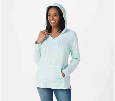 Denim & Co. Active French Terry V-Neck Hoodie Pocket  XXS Light Mint Green - Image 1 of 4