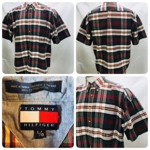 Tommy Hilfiger Mens Sz L Crest Green Blue Plaids Checks Button Front SS Shirt - Picture 1 of 9