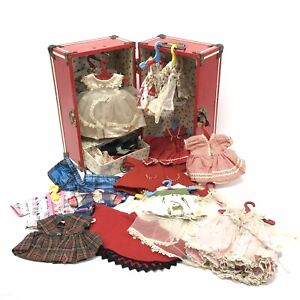 Vintage Lot of 15+ Doll Clothes, Ginny / Vogue, etc w/ Red Metal Storage Trunk