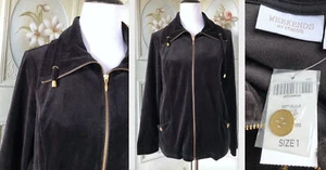 NWT NEW WEEKEND CHICO'S BLACK SOFT VELOUR BRIGHT GOLD ZIPPER LULU JACKET SZ 1 - Picture 1 of 9