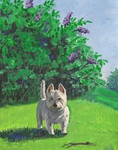 8x10 IMPRESIÓN DE PINTURA RYTA WEST HIGHLAND TERRIER WESTIE JARDÍN FLORES LILA - Imagen 1 de 1