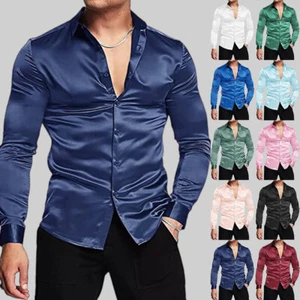 Mens Tops Satin Silk Shirt Men Luxury Dancing Solid Glossy Dress Wedding Casual - Picture 1 of 29