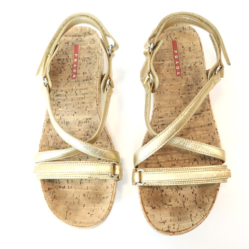 Sandali gladiatore Prada oro metallizzato pelle saffiano sughero donna 40 US 10