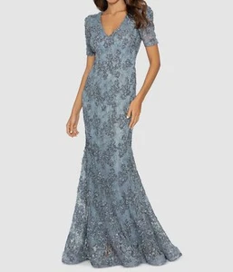 Xscape Women's Blue Floral Lace Sequin Soutache V-Neck Gown Dress Size 6 - Picture 1 of 3