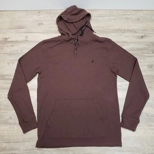 Volcom Thermal Shirt Mens L Long Sleeve Hooded 3 Button Brown 20" x 27" - Picture 1 of 6