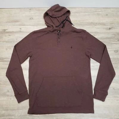 Volcom Thermal Shirt Mens L Long Sleeve Hooded 3 Button Brown 20" x 27" - Image 1 of 4