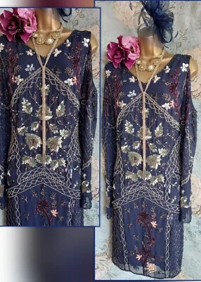 Vestido Frock & Volantes Asos Años 20 Gatsby Cuentas Azul Marino Floral Noche Hombro Frío 14 Foto 1 de 4