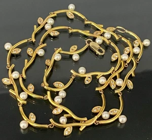 18K Yellow Gold & Pearl Tree Branch Link Necklace W/ Val Cert 54cm Long - Picture 1 of 9