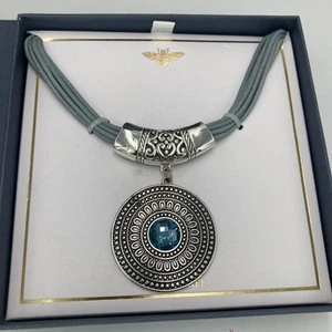 Statement Necklace Silver Tone Medallion Pendant Blue Faux Gem Cord New in Box - Picture 1 of 14