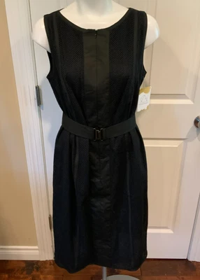 Vestido recto AKRIS Punto negro y azul marino con textura con cinturón, talla 12 ¡NUEVO CON ETIQUETAS! $1,290 Foto 1 de 4