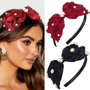 Pearl Rhinestone Bow Headbands Red Black Headpieces with Comb Women Girls - Picture 1 of 7