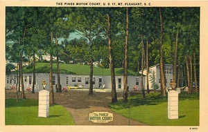 MT ANGENEHME SOUTH CAROLINA ROADSIDE MOTEL PINES MOTOR COURT LEINEN POSTKARTE ANSICHT - Bild 1 von 2