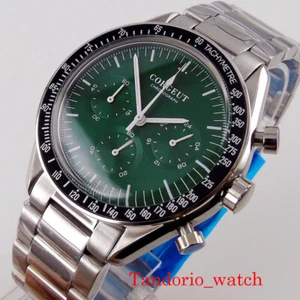 Corgeut Black Dial 24Hour Chronograph quartz mens watch Stainless Steel Bracelet - Picture 1 of 8