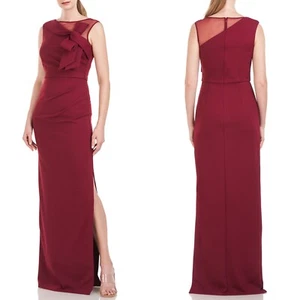 NEW JS COLLECTIONS Deep Red WINE Kirsten BOW MESH NECKLINE CREPE Column GOWN 6 - Picture 1 of 10