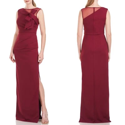 NEW JS COLLECTIONS Deep Red WINE Kirsten BOW MESH NECKLINE CREPE Column GOWN 6 - Image 1 of 4