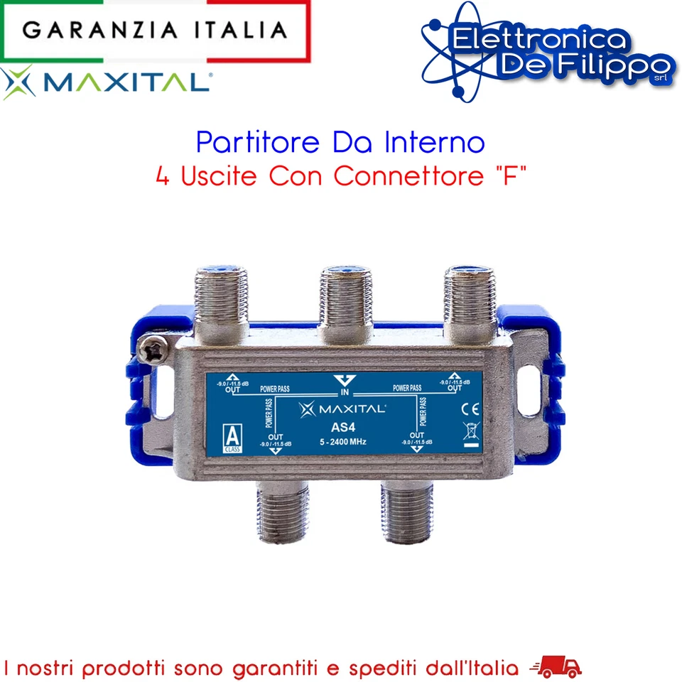 Partitore Antenna TV SAT 4 uscite divisore Segnale FTE As4 passaggio corrente