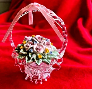 Vintage Hand Blown Miniature Clear Glass Basket with Roses - Picture 1 of 7