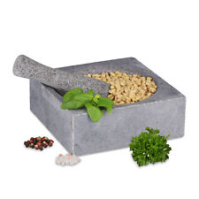 Mortar with Pestle Square Stone Kitchen Granite Grind Herb Spice Durable Grey