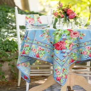 April Cornell Cottage Rose Tablecloth 54 x 54 Breakfast Cloth Sky Blue Pink Rose - Picture 1 of 5