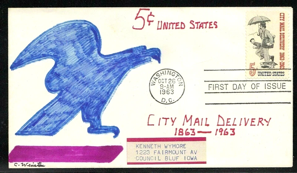 1238 5c Stamp (1963) CITY MAIL DELIVERY FDC HD/HP FROM C. WINSTON - RARE !! - Image 1 of 1