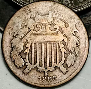 1866 Two Cent Piece 2C Ungraded Circulated US Copper Coin CC23668 - Picture 1 of 4