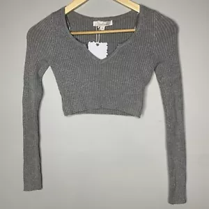 Mooloola New Size S Grey Long Sleeve Ribbed Knit Top Stretch Crop Minimalist NWT - Picture 1 of 7