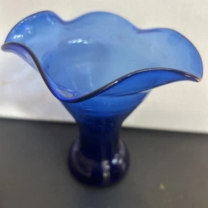 Vintage Cobalt Blue Glass Ruffle Vase - Picture 1 of 4
