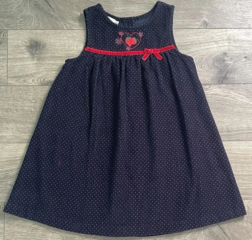 Girls Sz 4 Toddler Embroidered Strawberry & Polka Dot Soft Corduroy Cotton Dress - Image 1 of 3