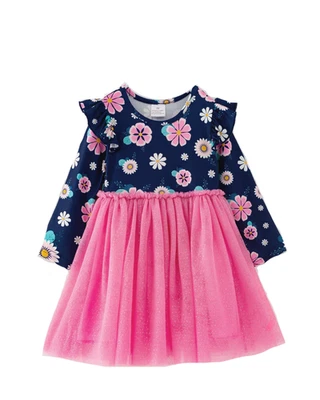 New Boutique Girls Floral Tulle Dress Size 4 Pink Long Sleeve Navy Ruffle - Image 1 of 4